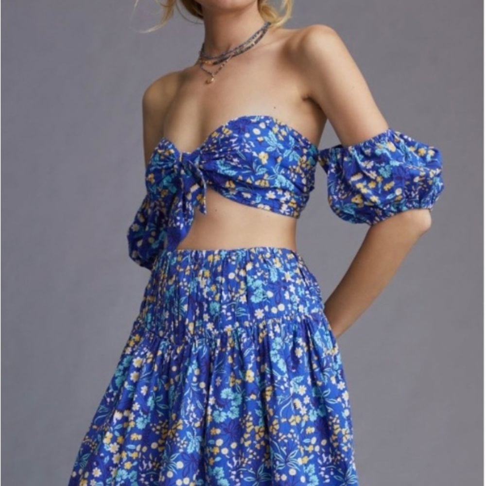 Anthropologie Maeve Blue Floral Top and Skirt Set